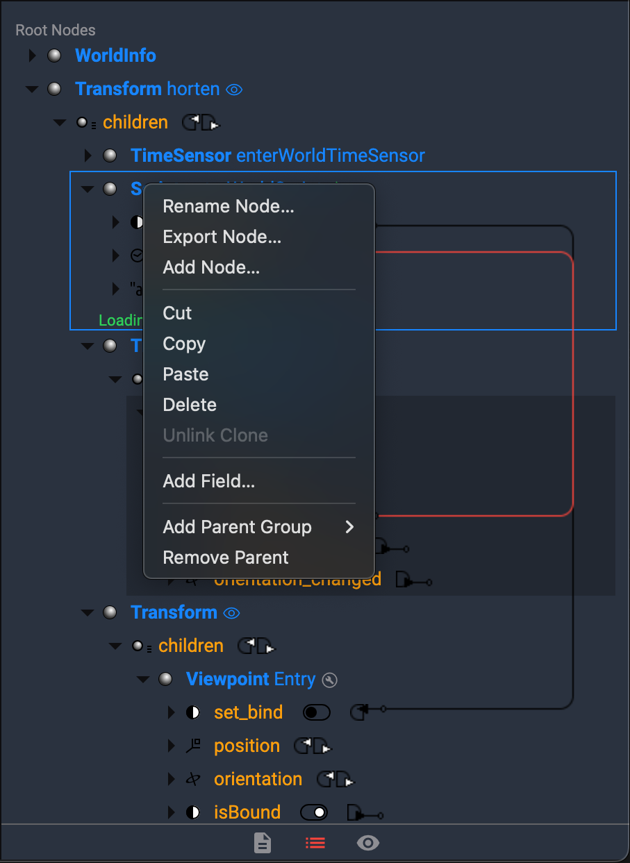 Context menu of a node